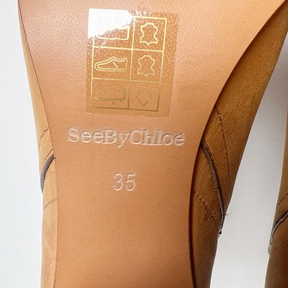 •SEE BY CHLOE• Janis Heeled Bootie in Brown Leather Gold Studded Size EU 35/US 5